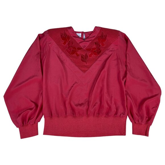 Philippe Marques Embroidered Blouse Women's 6 Pink Red Vintage 70s Shoulder Pads - Picture 1 of 7
